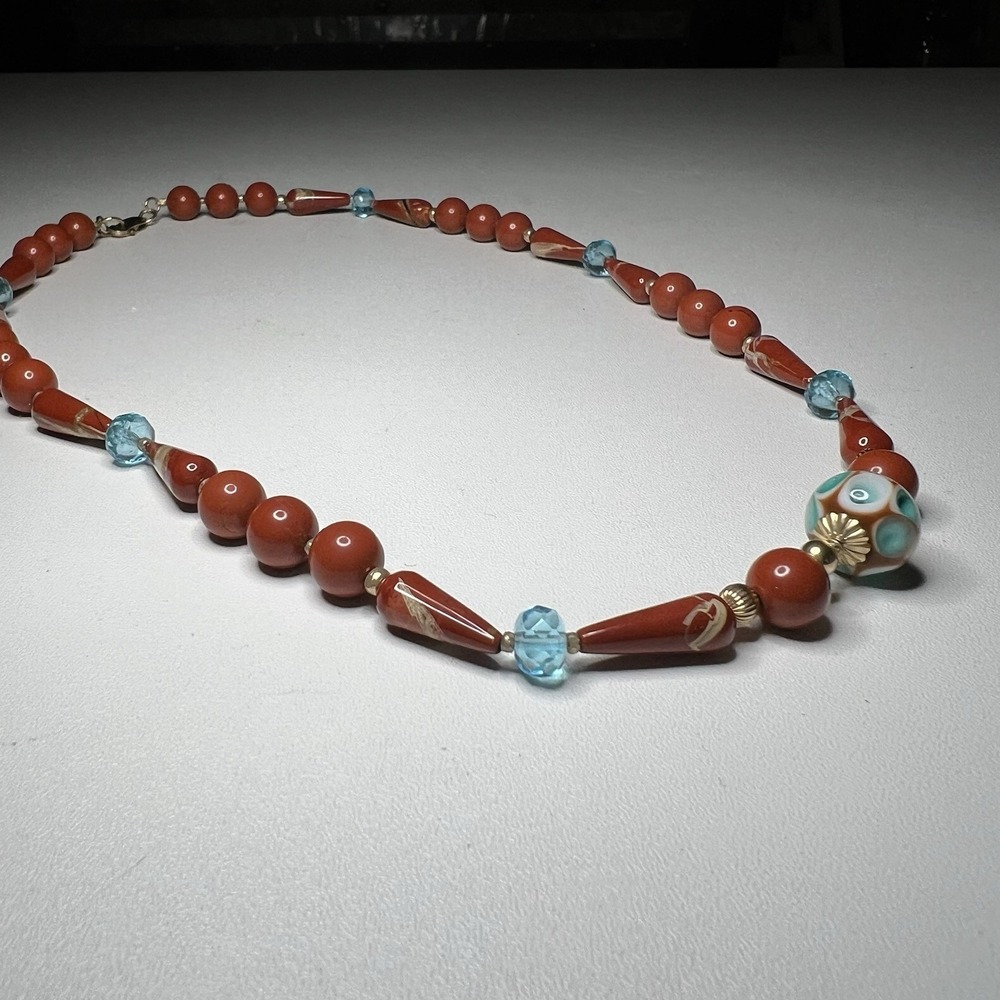 Boho‎ Czech Glass Bead Necklace: Burnt Orange & Teal Artisan Jewelry